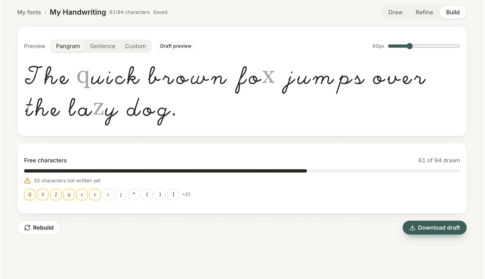 Previewing a handwriting font and downloading OTF and TTF files