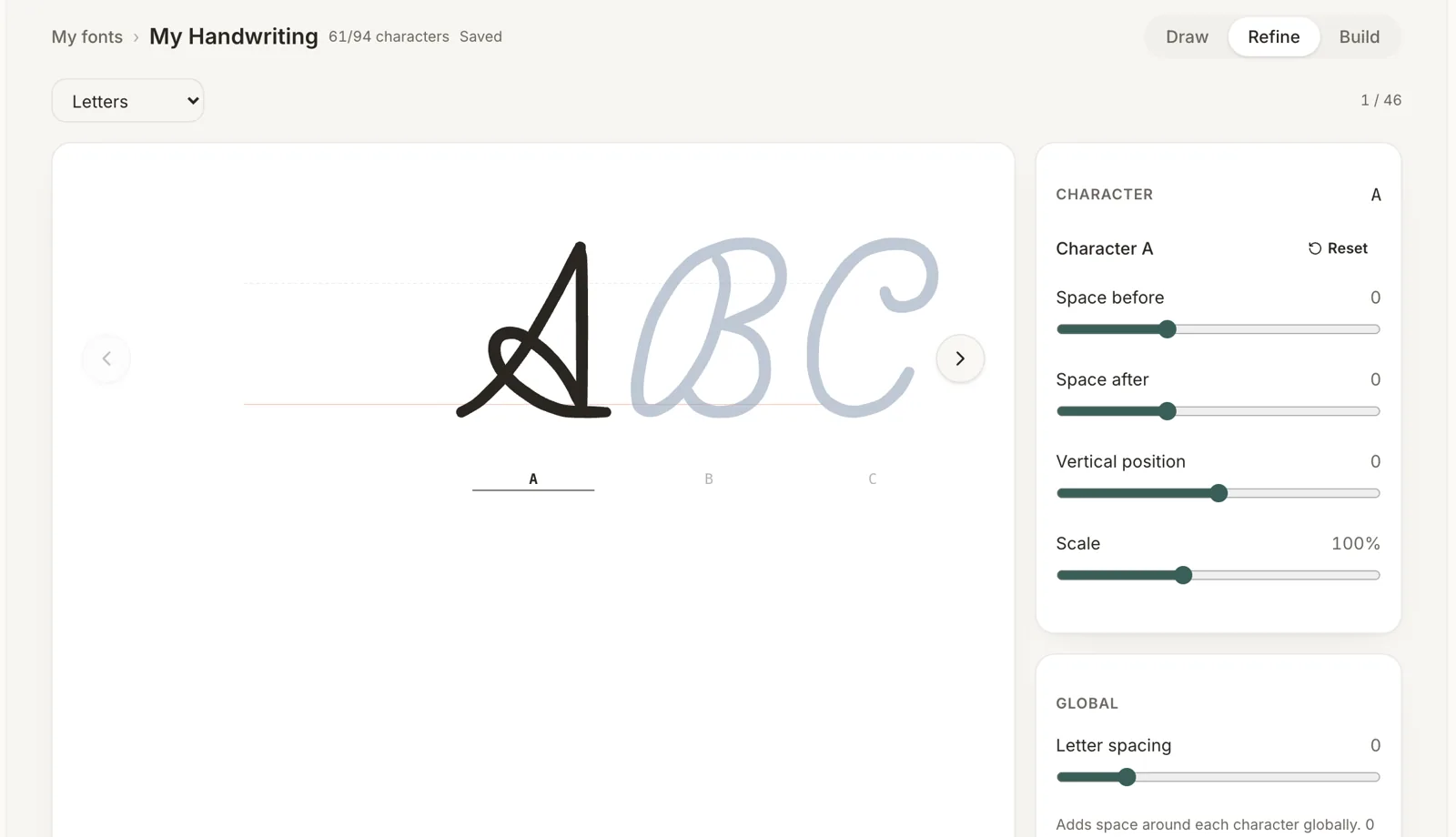 Adjusting letter spacing and scale in the HandFonty font maker